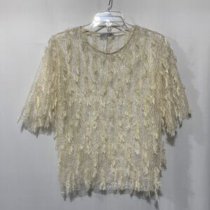 ZARA cream sheer feathered/fringed shimmery top crew neck short sleeve women’s M